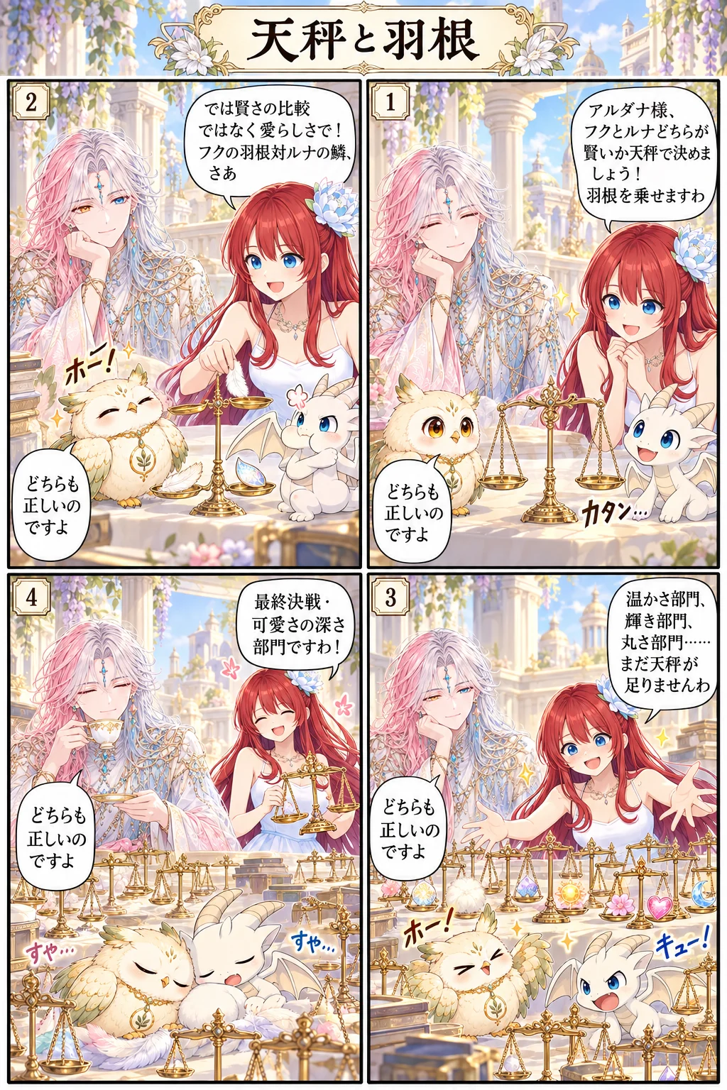 アテナ様の日常4コマ「天秤と羽根」