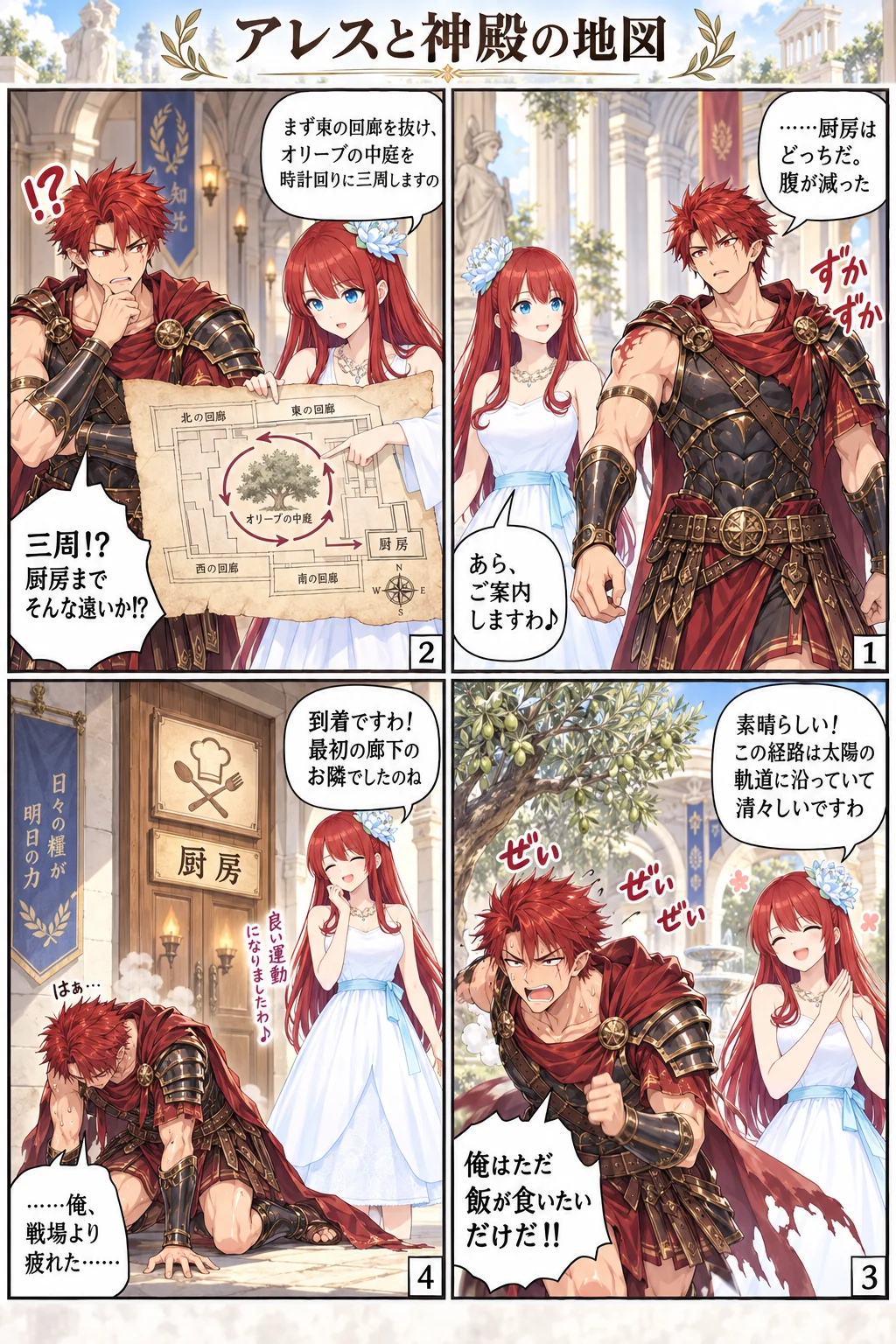 アテナ様の日常4コマ「アレスと神殿の地図」