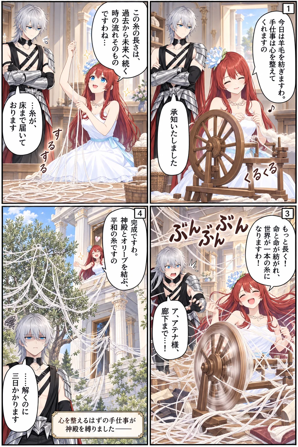 アテナ様の日常4コマ「羊毛紡ぎの詩情」