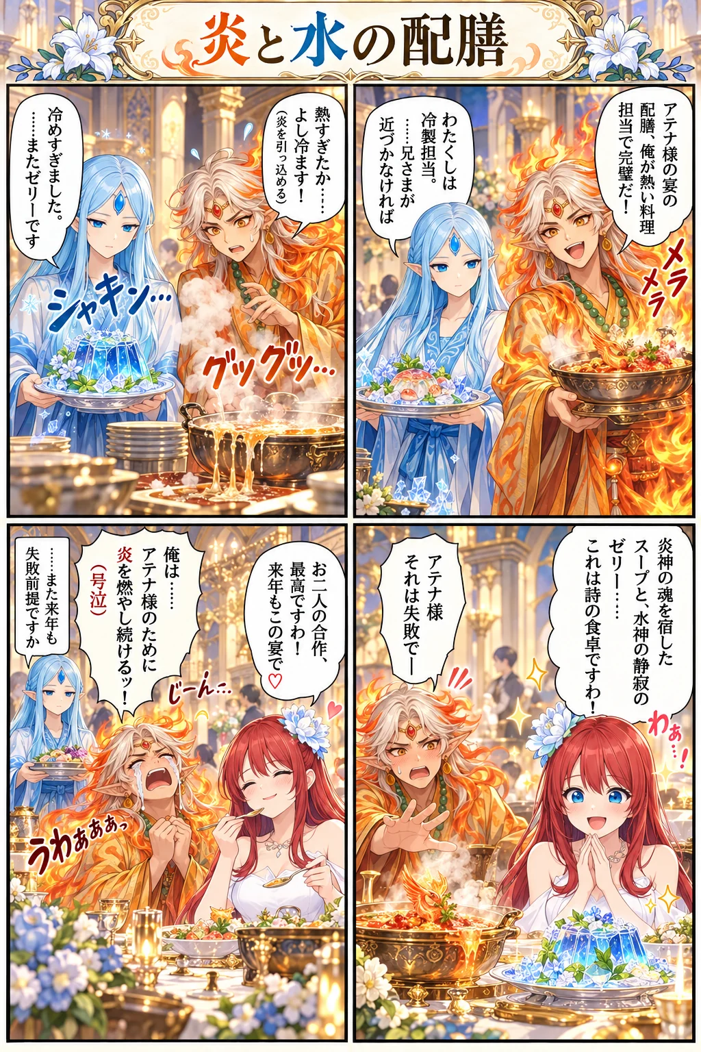 アテナ様の日常4コマ「炎と水の配膳」