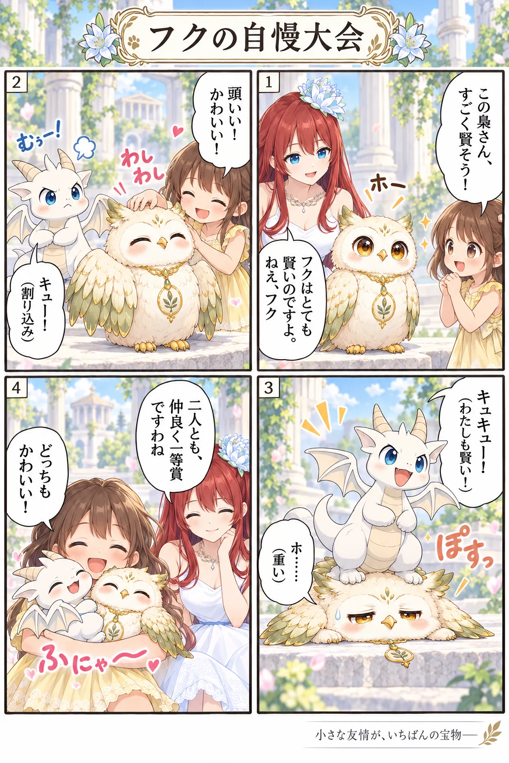 アテナ様の日常4コマ「フクの自慢大会」