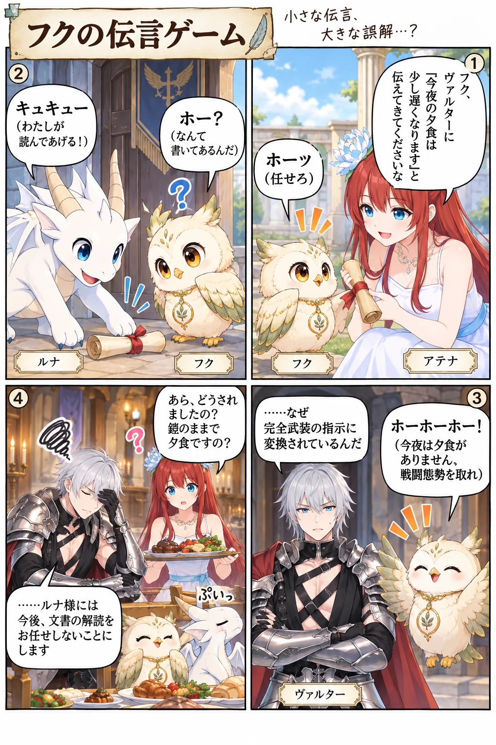 アテナ様の日常4コマ「フクの伝言ゲーム」
