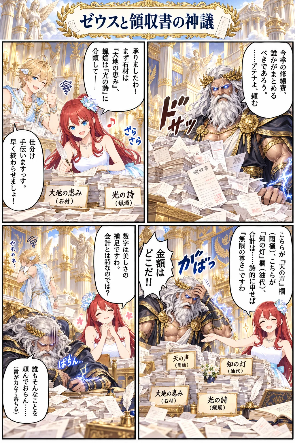 アテナ様の日常4コマ「ゼウスと領収書の神議」