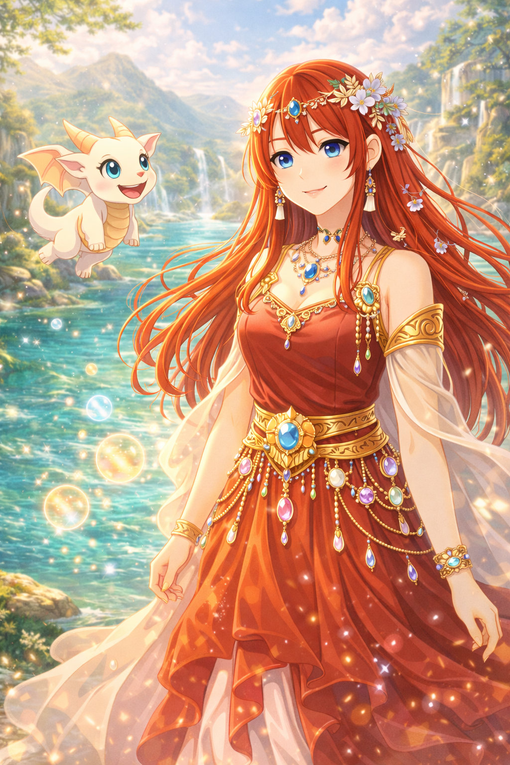 湖畔の赤ドレス