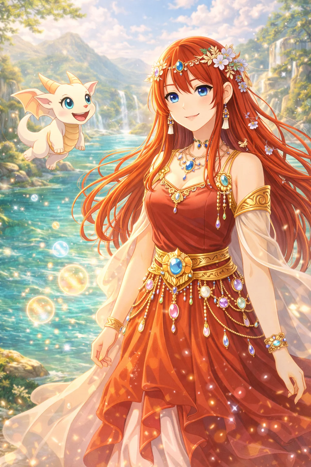 湖畔の赤ドレス