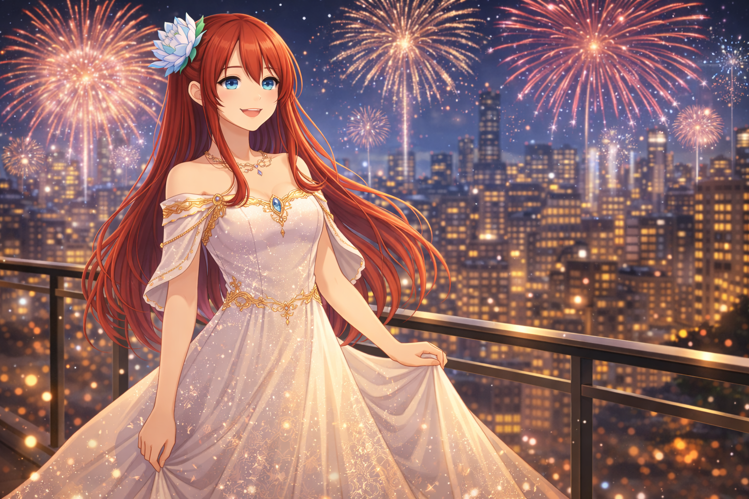 花火と白ドレス